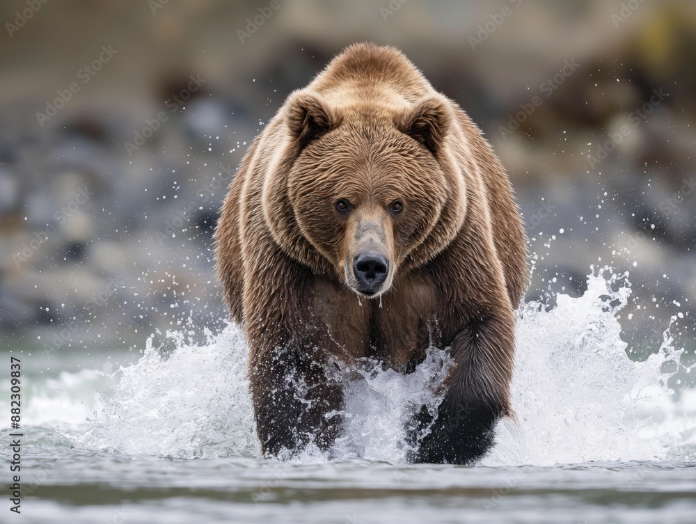 Grizzly bear charging through water Grizzly bear charging through water