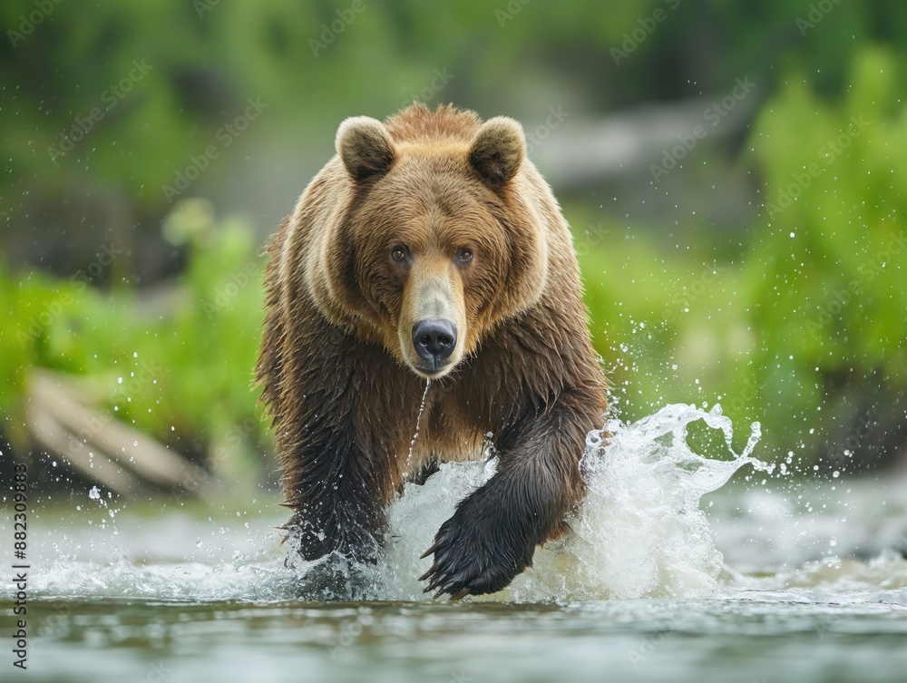 Grizzly bear emerging from water, splashing Grizzly bear emerging from water, splashing