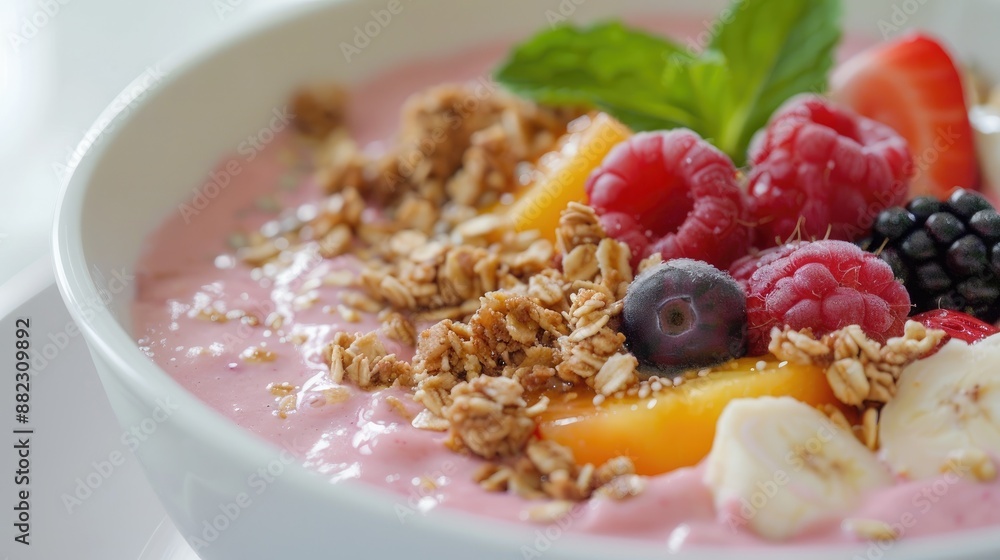 Freshly made smoothie bowl topped with fruits and granola Freshly made smoothie bowl topped with fruits and granola