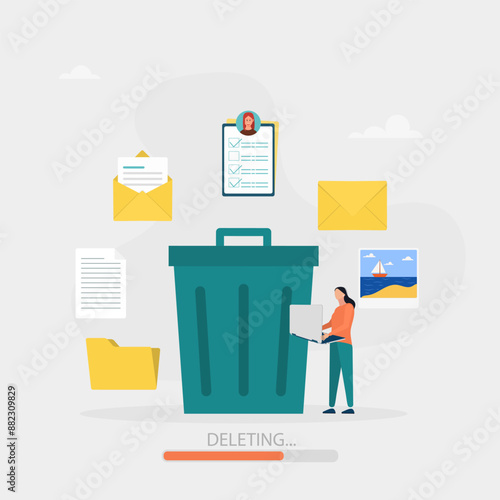 Delete concept. The character deletes data and moves unnecessary files to a large trash bin. Cleaning digital memory. Vector illustration.	