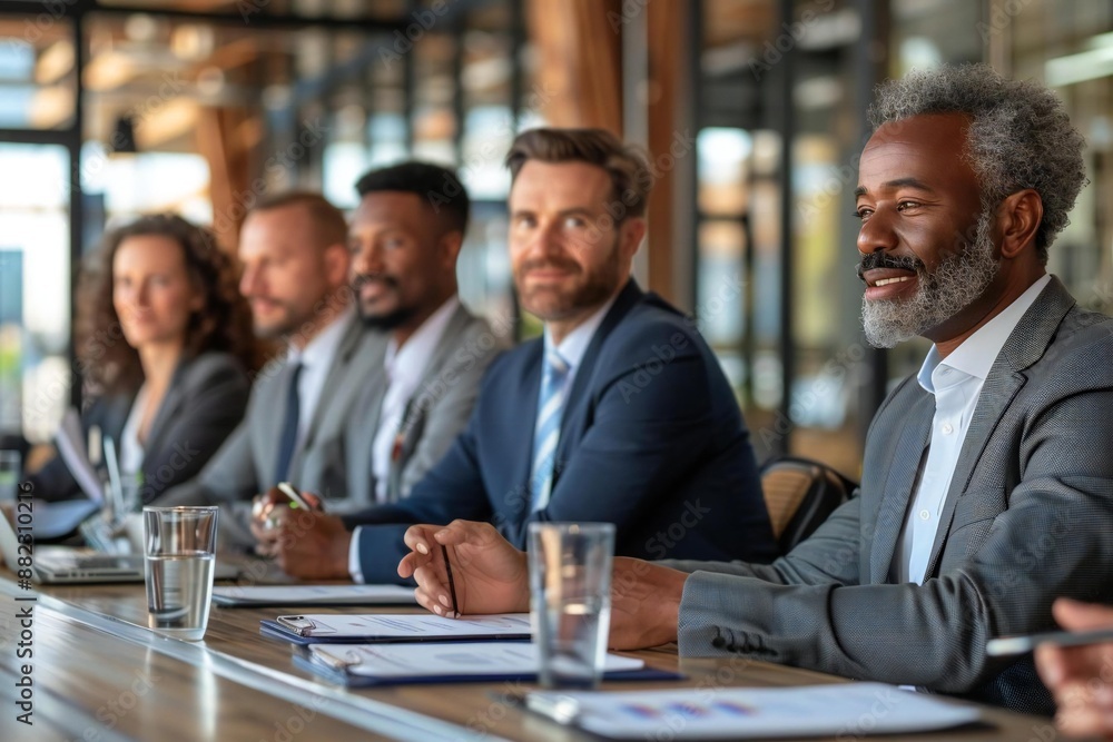 group of diverse business colleagues discussing over documents in a professional meeting. group of diverse business colleagues discussing over documents in a professional meeting.