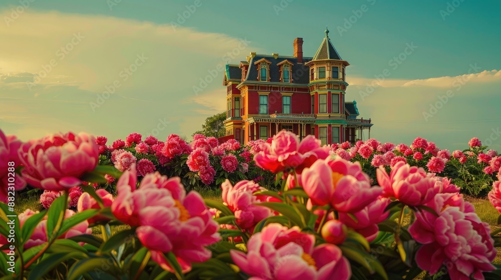 An elegant Victorian mansion standing tall amidst a sea of vibrant peonies, their fragrance perfuming the air. An elegant Victorian mansion standing tall amidst a sea of vibrant peonies, their fragrance perfuming the air.