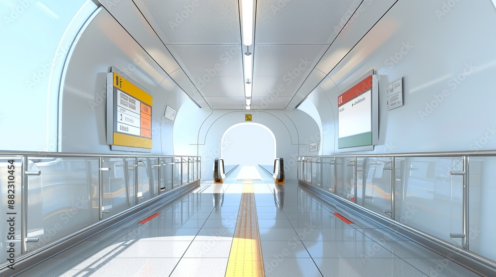 Obraz premium Architectural perspective of a futuristic transportation hub with uncomplicated design and colorful signage, facilitating efficient travel. Illustration, Image, , Minimalism,