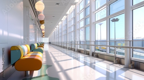 Architectural perspective of a modern airport terminal with uncomplicated design and colorful seating areas, enhancing the passenger experience. Illustration, Image, , Minimalism, photo