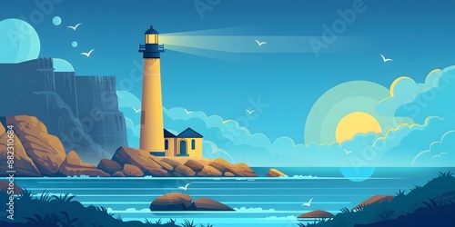 A lighthouse is on a rocky shoreline with a calm ocean in the background