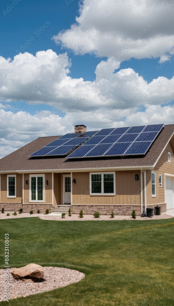 Modern home with solar panels on a sunny day, highlighting sustainable and eco-friendly living Modern home with solar panels on a sunny day, highlighting sustainable and eco-friendly living
