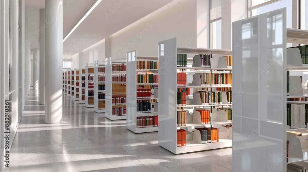 Architectural perspective of a modern university library with uncomplicated design and colorful study areas, supporting academic research and study. Illustration, Image, , Minimalism, Architectural perspective of a modern university library with uncomplicated design and colorful study areas, supporting academic research and study. Illustration, Image, , Minimalism,
