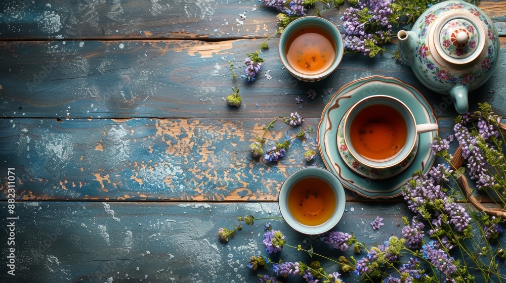 tea party decorations, charming teacup and teapot decor on a rustic table, perfect for a tea party event poster with a spacious background tea party decorations, charming teacup and teapot decor on a rustic table, perfect for a tea party event poster with a spacious background