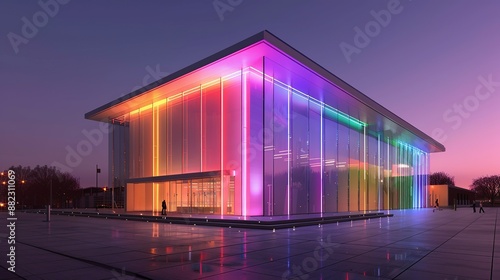 Exterior of a cultural institution with modern architecture and colorful exterior lighting, hosting vibrant cultural events. Illustration, Image, , Minimalism,