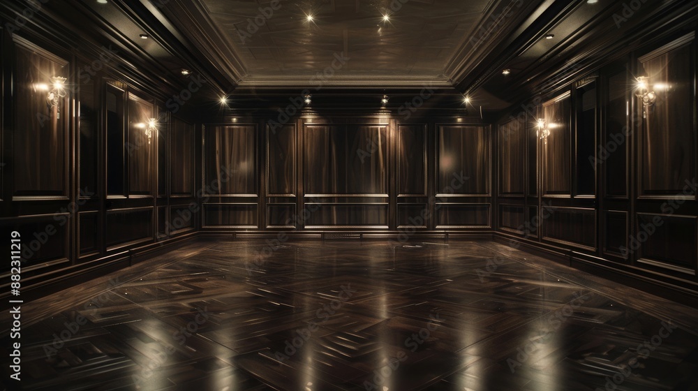 An empty, elegant dark room at night, featuring dark wood paneling and soft, ambient lighting, providing a luxurious backdrop with plenty of copy space.