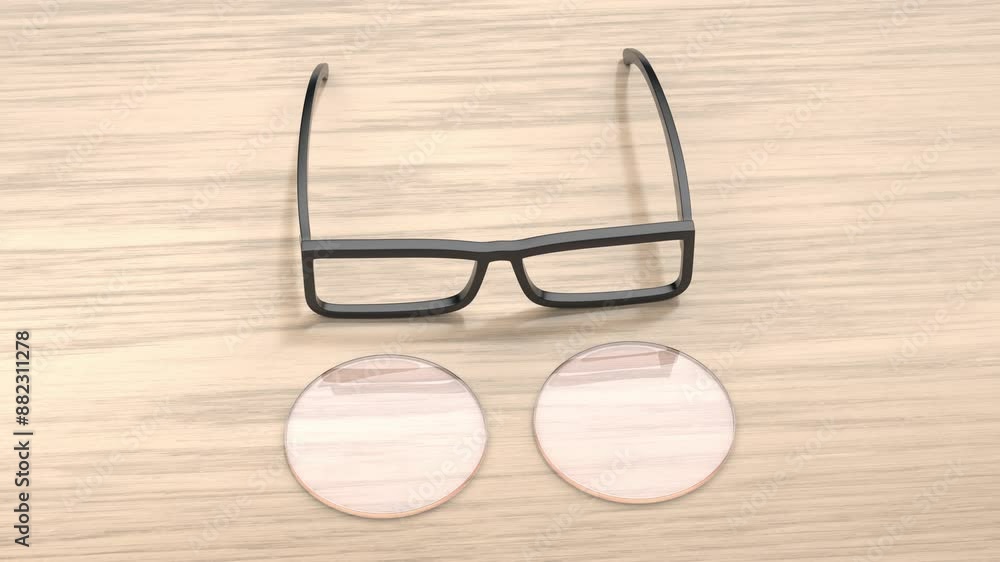 Eyeglasses frame and round uncut lenses on a wood background Eyeglasses frame and round uncut lenses on a wood background