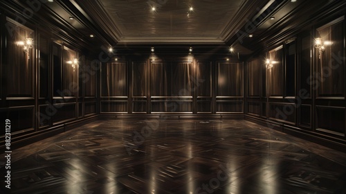 Obraz na płótnie An empty, elegant dark room at night, featuring dark wood paneling and soft, ambient lighting, providing a luxurious backdrop with plenty of copy space. w salonie