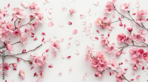Spring Blossom Elegance: Pink Cherry Flowers Scattered on White Background