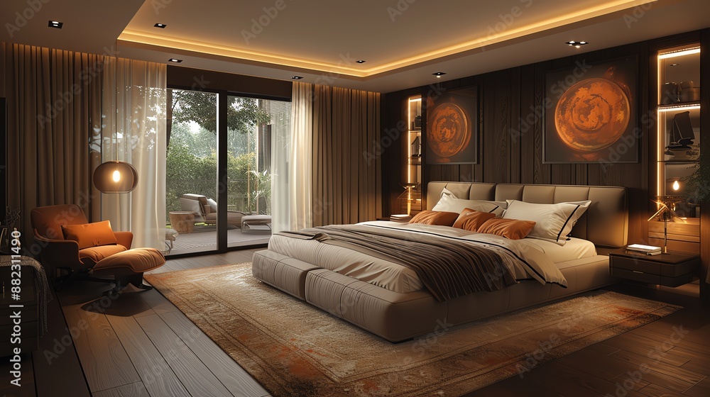 Cozy modern bedroom with elegant lighting, large bed, armchair, and scenic balcony view for comfort and relaxation. Cozy modern bedroom with elegant lighting, large bed, armchair, and scenic balcony view for comfort and relaxation.