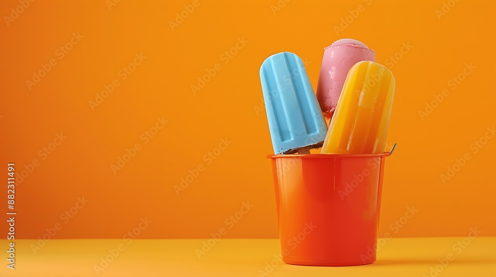 Ice popsicle ice cream in the bucket on orange background