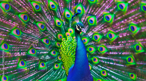 The peacock's feathers spread out, displaying their vibrant colors and intricate patterns.
