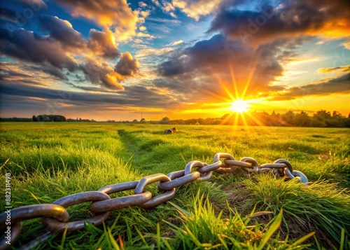 Vibrant sunset illuminates a serene natural landscape with a delicate chain lying broken on the grass, symbolizing freedom and empowerment in a breathtaking field setting. photo