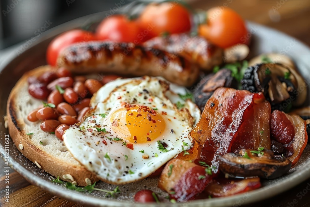 A traditional English breakfast with bacon, sausages, fried eggs, baked beans, black pudding, grilled tomatoes, and mushrooms, served with a slice of toast. A traditional English breakfast with bacon, sausages, fried eggs, baked beans, black pudding, grilled tomatoes, and mushrooms, served with a slice of toast.