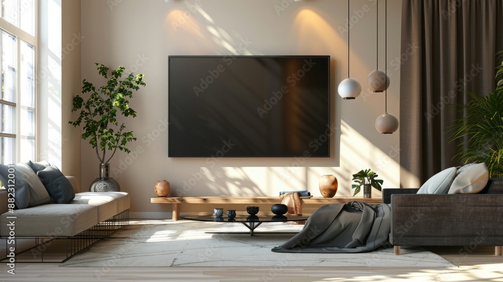 An empty modern flat screen TV affixed to the wall in a stylishly decorated living room. An empty modern flat screen TV affixed to the wall in a stylishly decorated living room.
