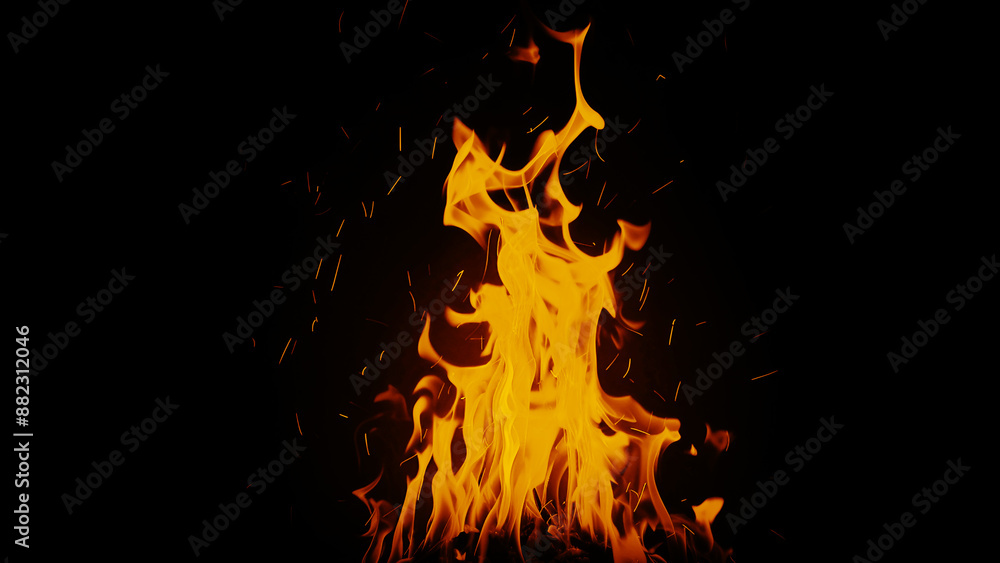 Realistic fire flames dancing, creating blaze texture and dynamic movement on black. Realistic fire flames dancing, creating blaze texture and dynamic movement on black.