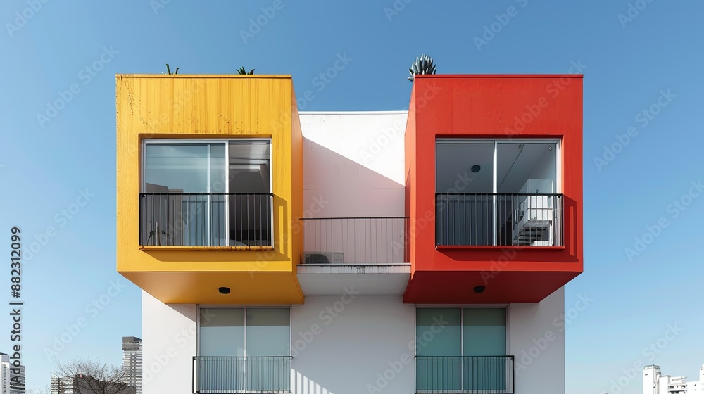 Exterior view of a residential skyscraper with modern architecture and colorful balconies, providing residents with panoramic city views. Illustration, Image, , Minimalism, Exterior view of a residential skyscraper with modern architecture and colorful balconies, providing residents with panoramic city views. Illustration, Image, , Minimalism,