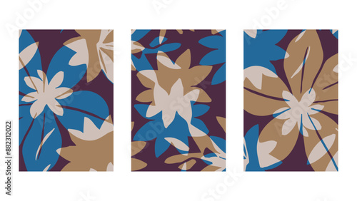 Set of 3 Botanical background. Abstract plant shapes. Minimalist illustration for printing on wall decorations.