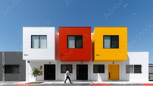 Exterior view of a residential neighborhood with modern townhouses featuring clean lines and colorful facades, creating a vibrant community. Illustration, Image, , Minimalism,