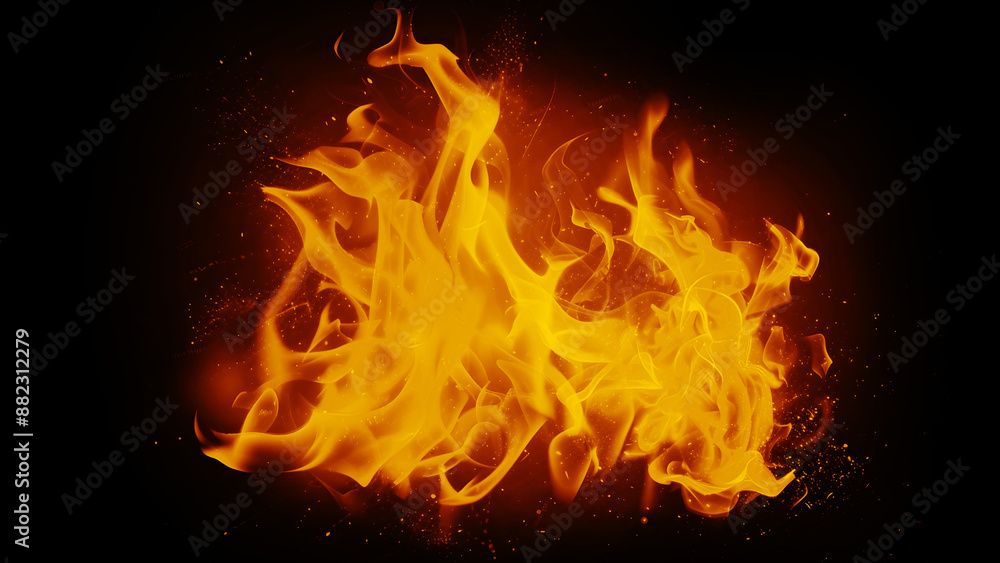 Fototapeta premium Realistic fire flames on black background, hellish scene with intense heat.