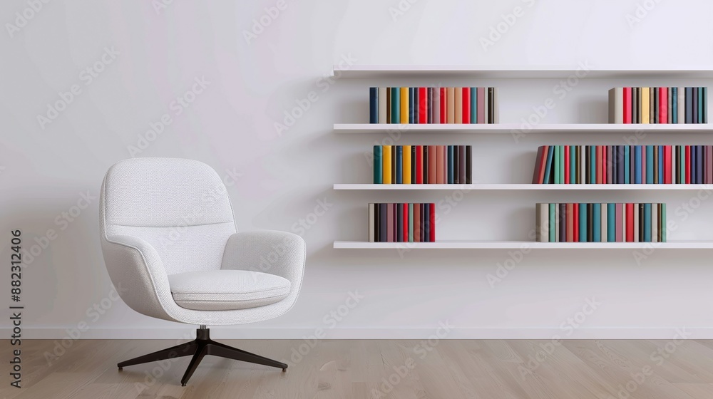 Interior of a contemporary bookstore with minimalist shelving and colorful book displays, creating an inviting atmosphere for readers. Illustration, Image, , Minimalism, Interior of a contemporary bookstore with minimalist shelving and colorful book displays, creating an inviting atmosphere for readers. Illustration, Image, , Minimalism,
