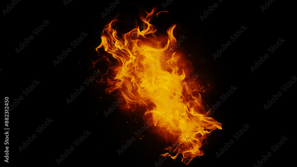 Realistic fire flames isolated in darkness, creating a dramatic effect. Realistic fire flames isolated in darkness, creating a dramatic effect.