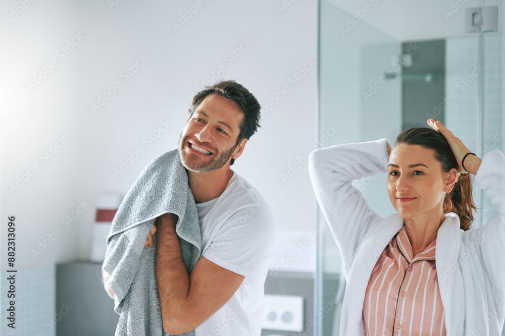 Obraz premium Couple, getting ready and happy in bathroom for morning routine with skincare, grooming and haircare in home. People, smile or cosmetics with hygiene preparation, start of day or wellness for wake up