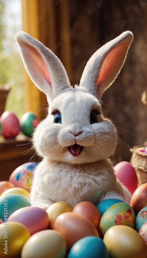 Happy Easter bunny celebrating with a basket full of colorful eggs, suitable for festive designs and cheerful springtime imagery Happy Easter bunny celebrating with a basket full of colorful eggs, suitable for festive designs and cheerful springtime imagery