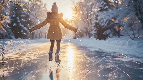 A person ice skating alone on a frozen lake at sunrise, capturing the serene beauty of winter nature and calm reflection on the ice.