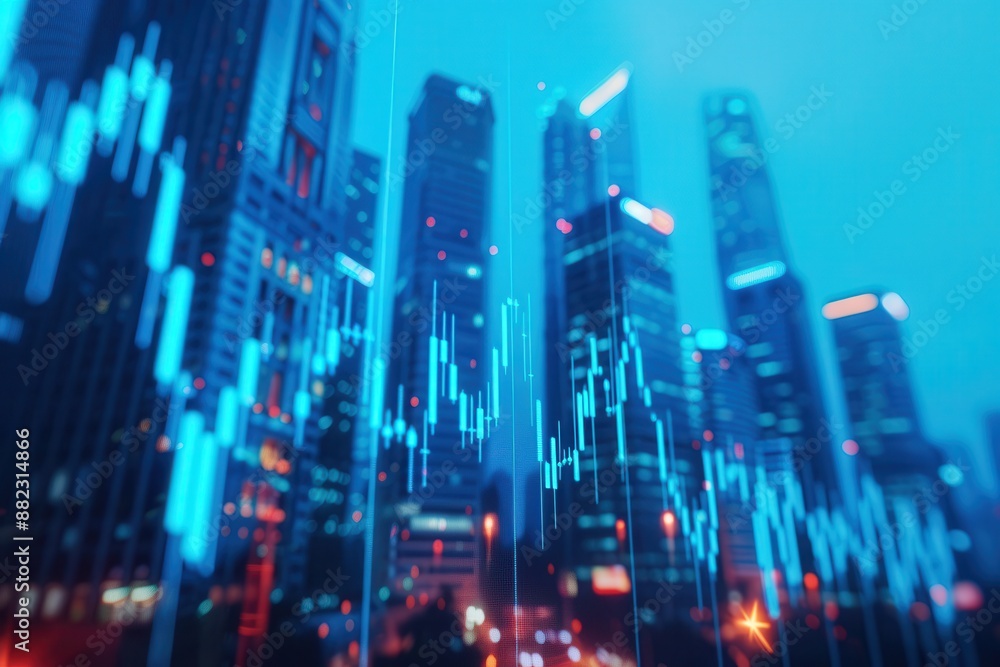 silhouette of skyscrapers with overlapping stock market graphs. Business symbols on financial, trading and economic growth indicators silhouette of skyscrapers with overlapping stock market graphs. Business symbols on financial, trading and economic growth indicators