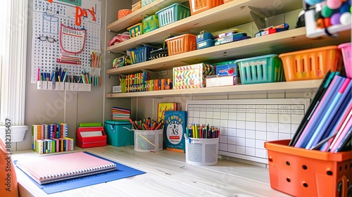 A brightly colored, organized workspace with shelves, a desk and colorful school supplies.