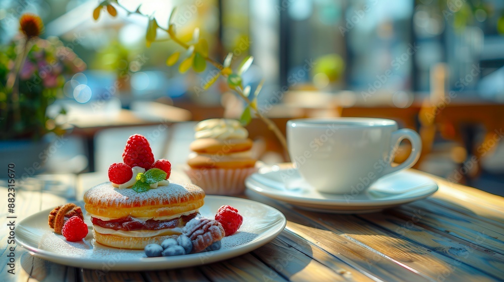 A cup of coffee, a pastry with raspberries, and a cupcake on a wooden table outdoors. The scene is bathed in warm sunlight. A cup of coffee, a pastry with raspberries, and a cupcake on a wooden table outdoors. The scene is bathed in warm sunlight.