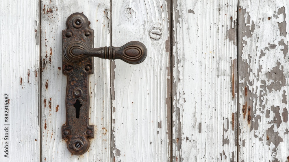 Antique bronze door handles on weathered white wood surface with space for text Antique bronze door handles on weathered white wood surface with space for text