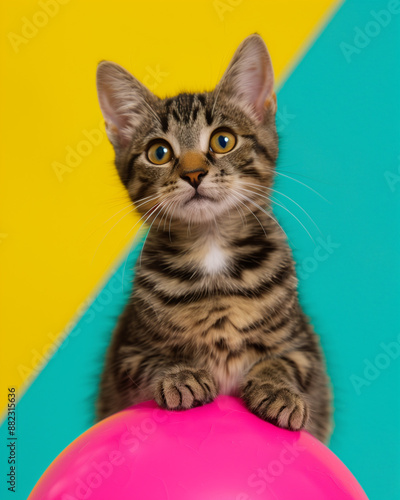 Playful Kitten on Pink Balloon with Yellow and Blue Background