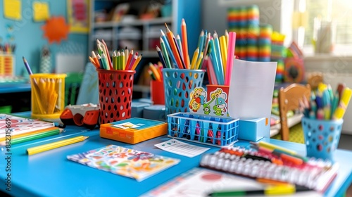 A colorful table in a classroom with art supplies, pencils, crayons, and paper. A perfect image for back to school.