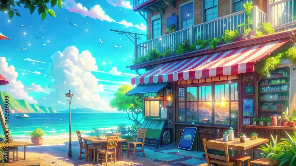 Cozy cafe with beach view, animated virtual background, stream overlay ...