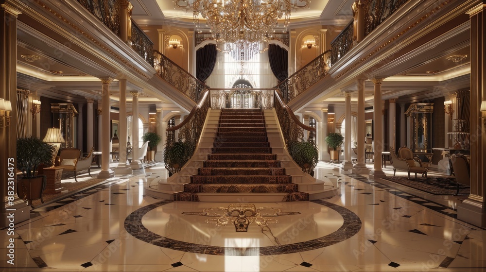 Obraz premium An opulent foyer with a grand staircase, a crystal chandelier, and marble floors leading to various elegant rooms.