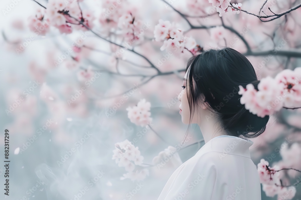 Woman in traditional attire admiring blooming cherry blossoms. Serene and tranquil moment captured in a misty spring garden setting. Woman in traditional attire admiring blooming cherry blossoms. Serene and tranquil moment captured in a misty spring garden setting.