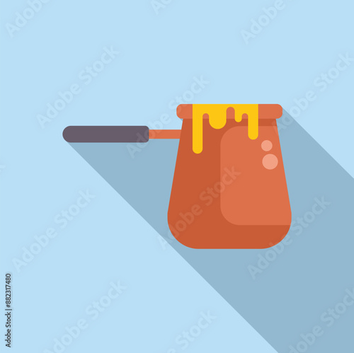 Minimalist flat vector illustration of a traditional turkish cezve coffee pot with dripping honey, isolated on blue background