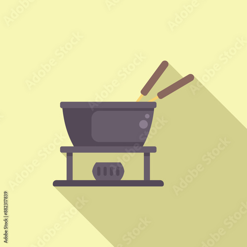 Traditional fondue pot is heating on a portable stove, ready for dipping two skewers