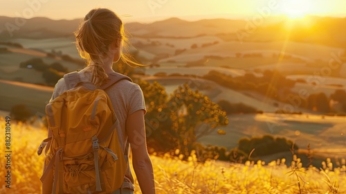 Fototapeta Naklejka Na Ścianę i Meble -  Woman with backpack standing on the top of mountain and enjoying the view. Travel concept. Achieving your dreams. Illustration for cover, card, postcard, interior design, decor or print.