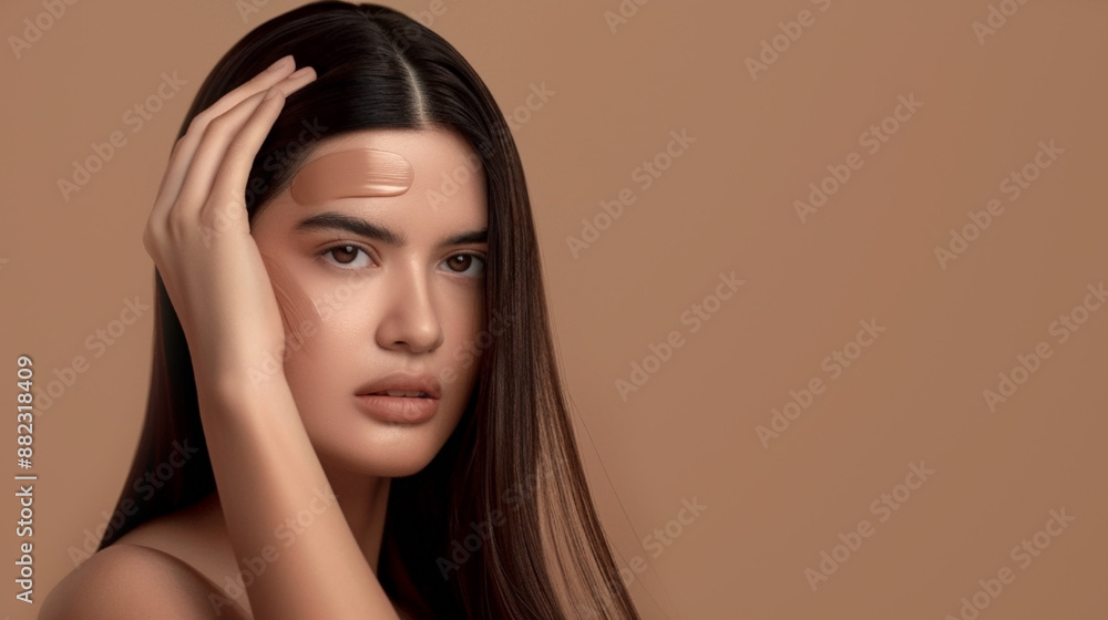 Woman with flawless skin applying foundation on her face against a beige background Woman with flawless skin applying foundation on her face against a beige background