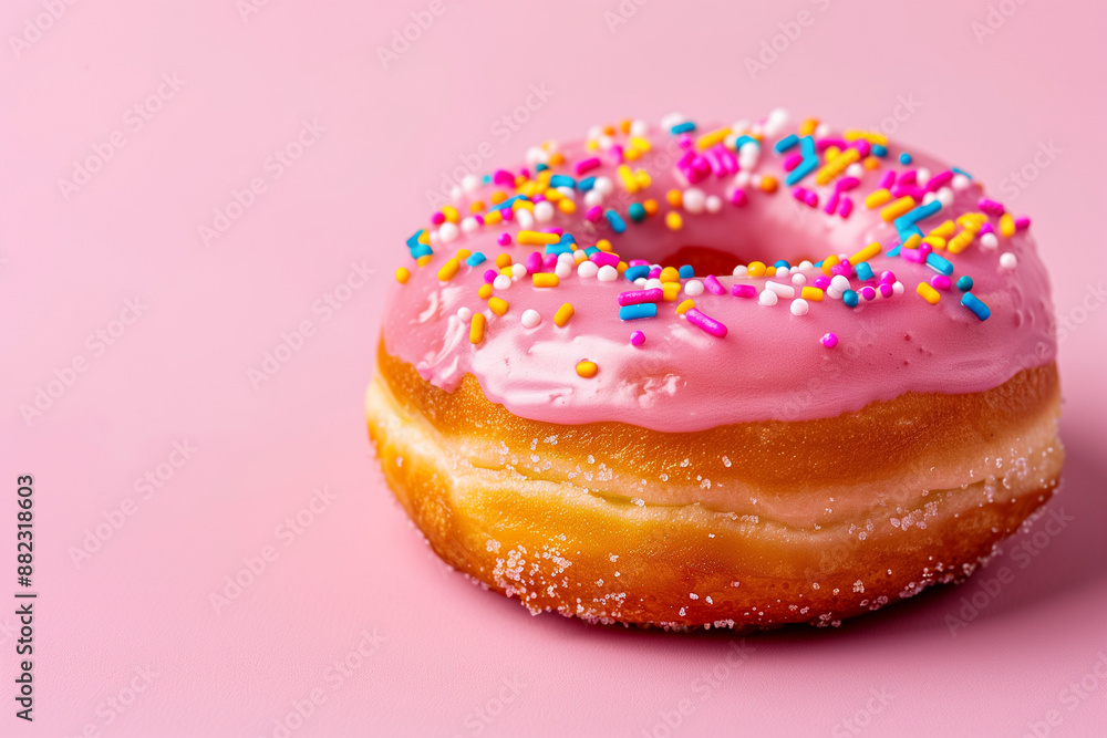 Pink Glazed Donut with Sprinkles on a Pink Background Pink Glazed Donut with Sprinkles on a Pink Background