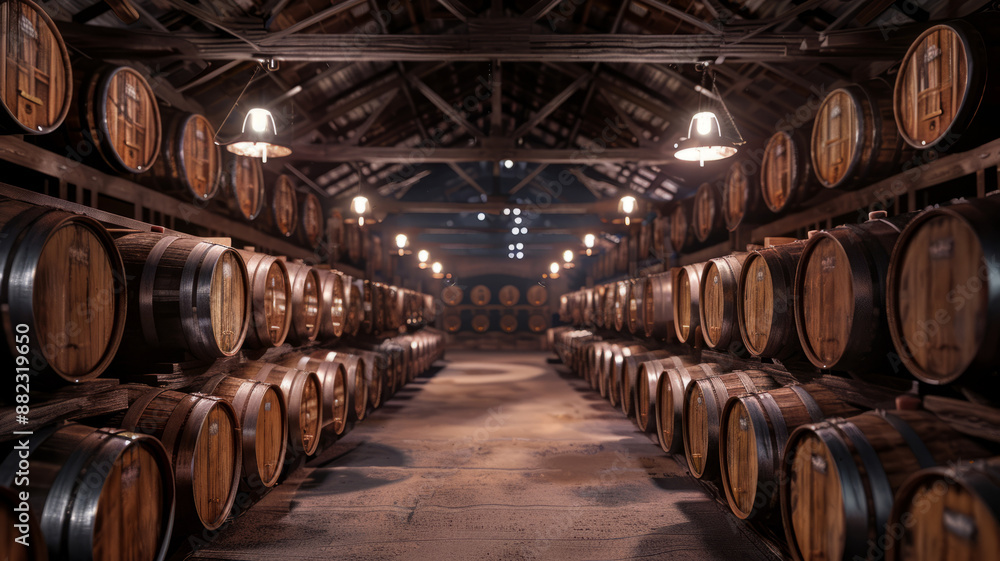 A large old distillery with wooden barrels for the production of whiskey. Traditional craftsmanship. A large old distillery with wooden barrels for the production of whiskey. Traditional craftsmanship.