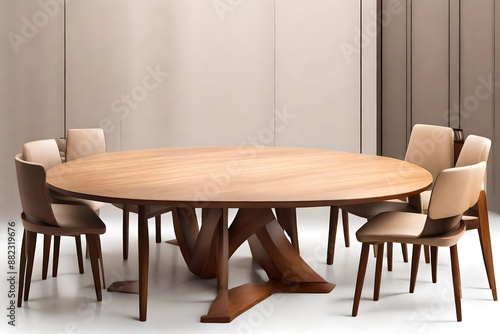 Brown, light brown wooden round dining table. Modern designer, dining table isolated on white background. Series of furniture..