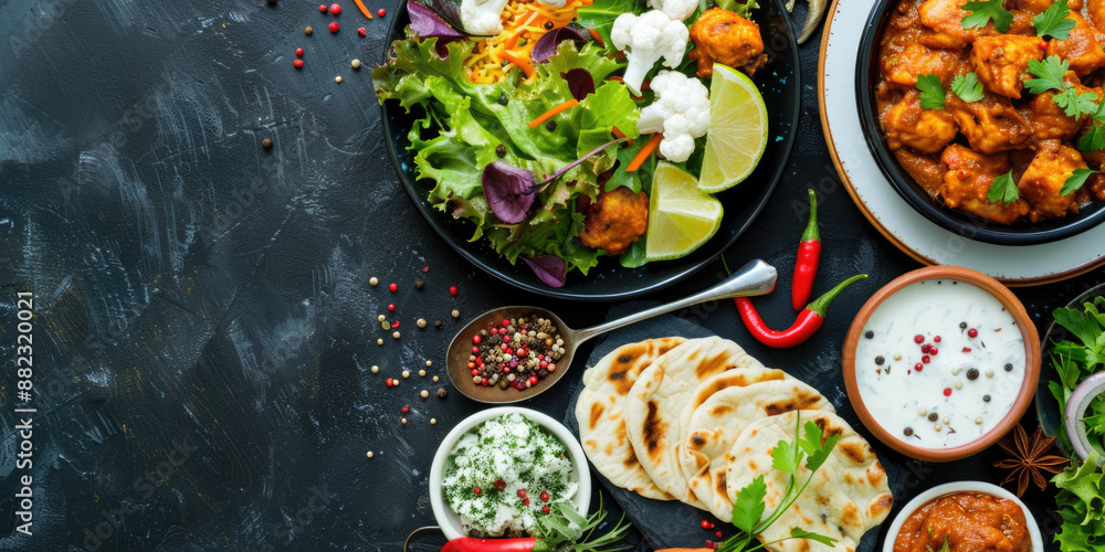 Assorted various Indian food on a dark rustic background Assorted various Indian food on a dark rustic background